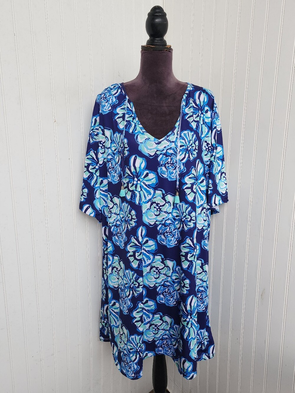 Viv & Lou Women's Swim Cover Up Dress  Short Sleeve V-Neck Dress Tassels Tie XXL
